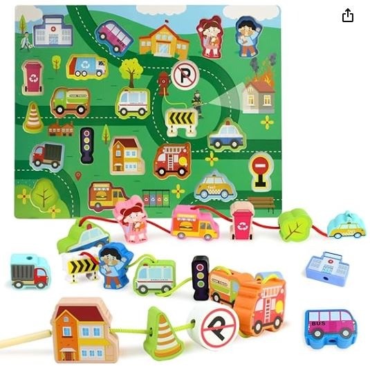 CORPER TOYS 木製紐通しおもちゃ ひもとおし 乗り物 セット 紐通し おもちゃ 交通標識シリーズ 型はめパズル 指先練習 ピース遊び