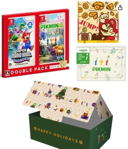 【ピクミンオリジナルデザイン ギフトBOX入り】『スーパーマリオブラザーズ ワンダー・ピクミン４』ダブルパック -Switch & ピクミンミニレターセット＋スーパーマリオブラザーズミニタオル(ブレイクブロック)